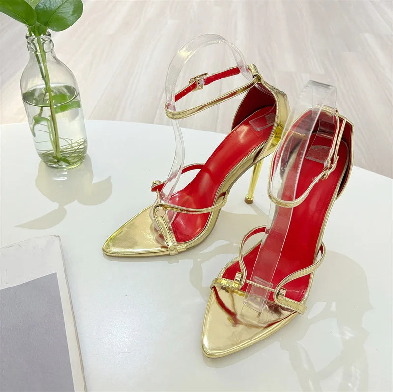 Liyke Fashion Design Metal Decoration Narrow Band Women Sandal High Heels Sexy Pointed Open Toe Wedding Banquet Shoes Size 35-41