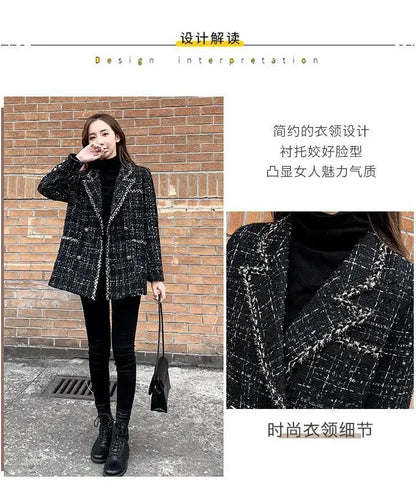 New Vintage Plaid Tweed Blazers Autumn Winter Thicken Fashion Jackets Female Double Breasted Elegant Black Coats Outwear D92