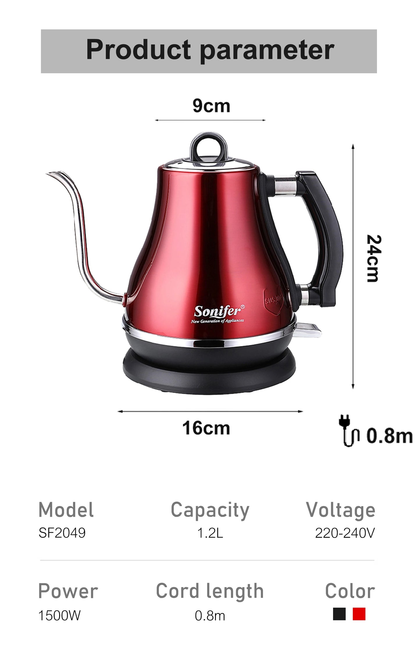 1.2L Gooseneck Electric Kettle Tea Coffee Thermo Pot Appliances Kitchen Smart Kettle Quick Heating Electric Boiling 220V Sonifer