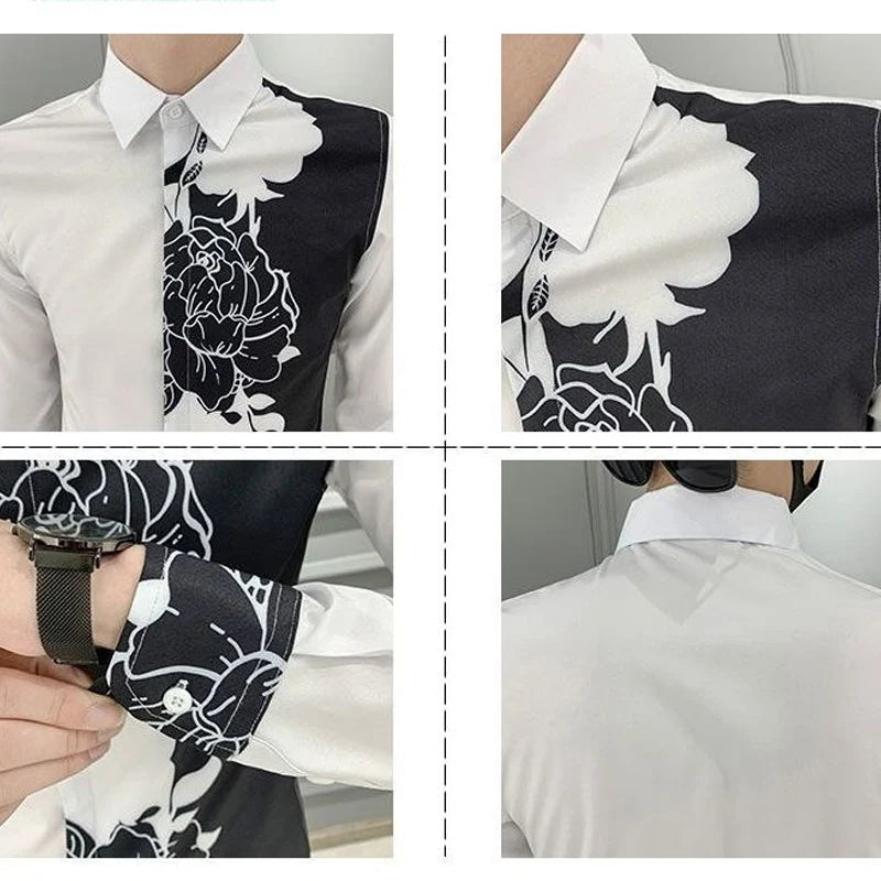 Spring Autumn New Blouse Men's Turn-down Collar Floral Printing Single Breasted Long Sleeve Shirt Fashion Casual Men's Clothing