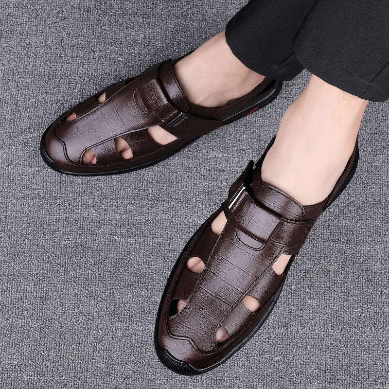 New Genuine Leather Men Black/brown Sandals Dress Shoes Summer Beach Shoes Business  Breathable Hollow Out Flat Casual Sandals