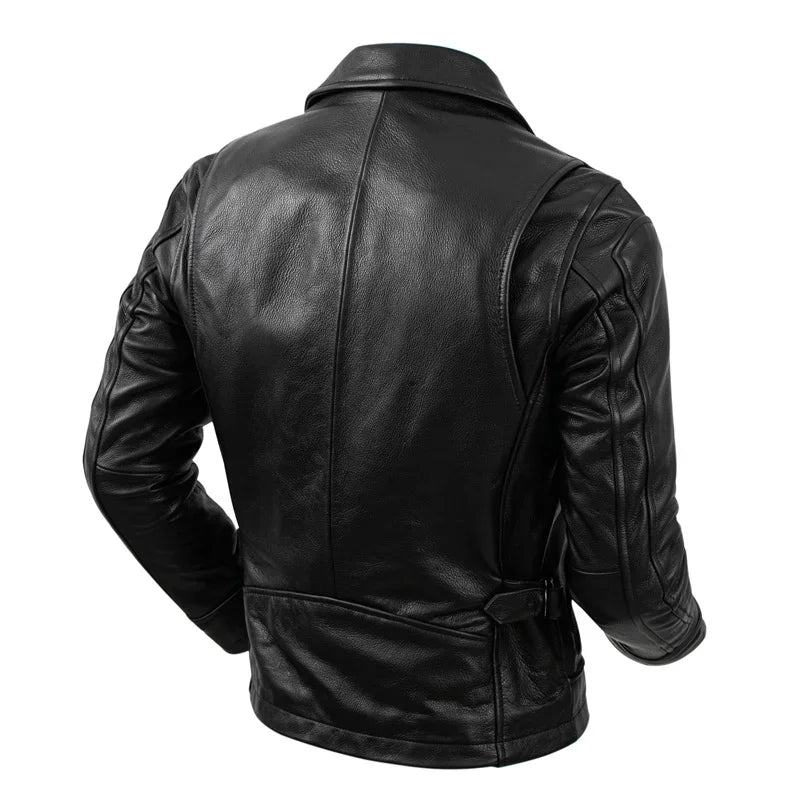 Pure Top Layer Cowhide Genuine Leather Jacket Men's Slim Fit  Lapel Motorcycle Jackets Classical Black Zipper Leather Coat