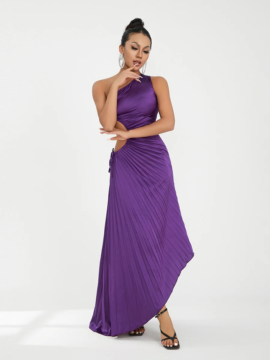 Women Elegant Long Dress Summer Sleeveless One-shoulder Pleated Hollowed Irregular Dress for Cocktail Party Beach Sundress Y2K