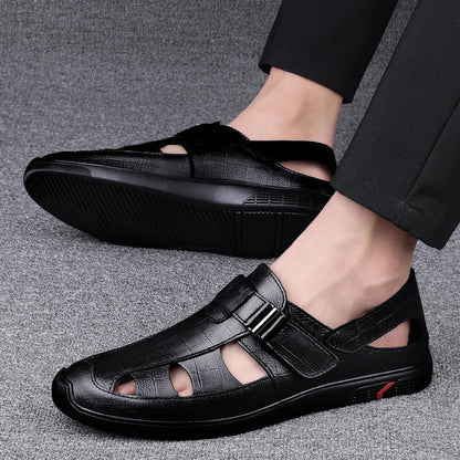 New Genuine Leather Men Black/brown Sandals Dress Shoes Summer Beach Shoes Business  Breathable Hollow Out Flat Casual Sandals