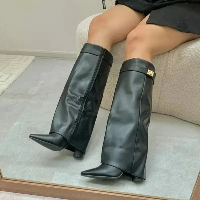 Autumn and Winter New Pointed Metal Buckle Knee High Women's Boots, Thick High-heeled Pants Boots, Fashionable Mid Leg Boots