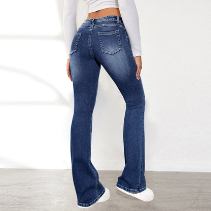 Women Jeans Slim Fit Flare Pants Denim Washing Pockets High Waist Solid Ankle Length Boot Cut Streetwear Casual Zipper Fly