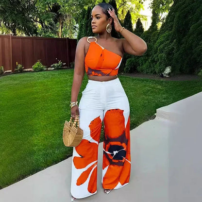 Floral Print Summer Two Piece Set Women Holiday One Shoulder Crop Top and Loose Wide Leg Pants Matching Sets Outfits Vacation