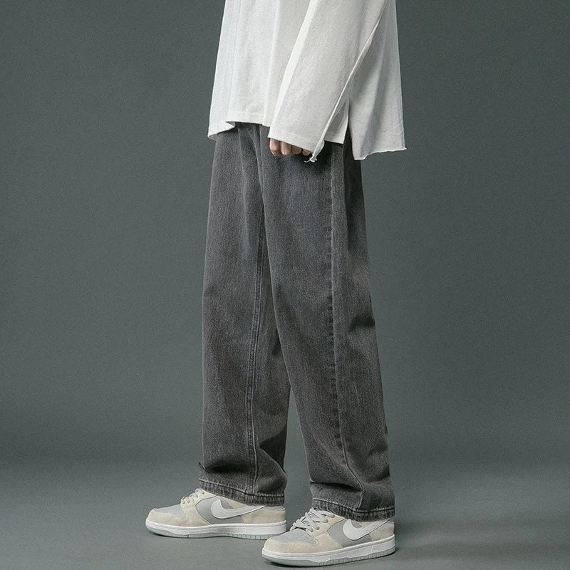 Korean Men's Casual Hip Hop Long Baggy Jeans Classic Man Straight Wide Leg Denim Pants Light Blue Grey Black Streetwear Trousers