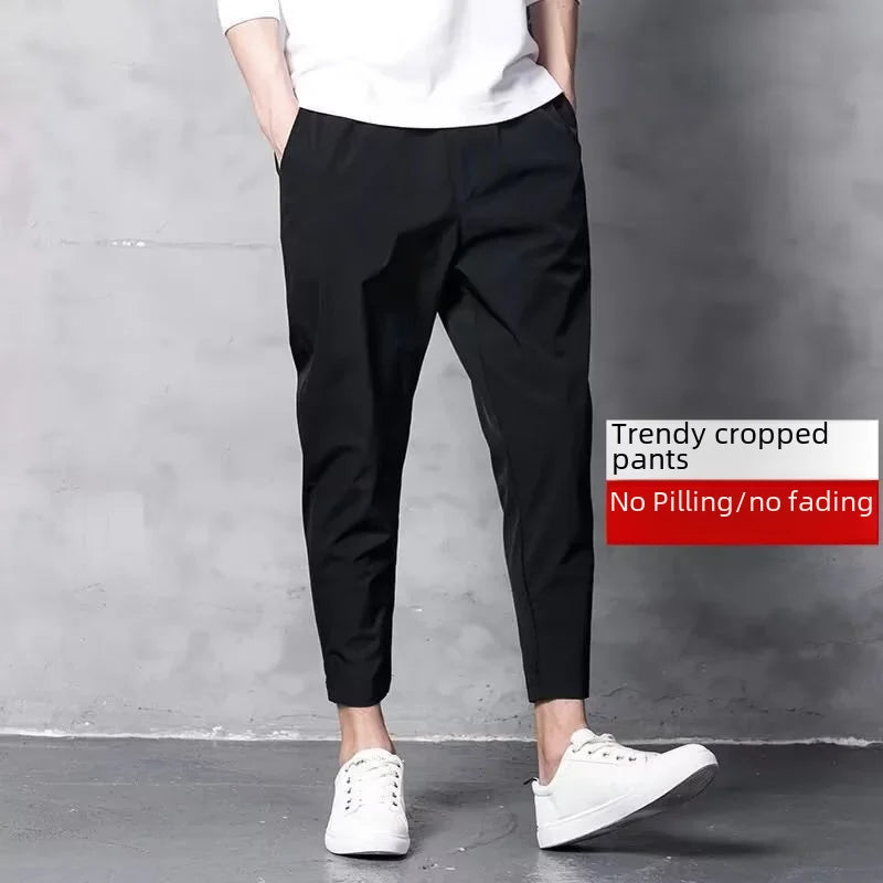 Summer Casual Men's Straight-leg Cropped Pants Ice Silk Elastic Small Foot Trendy Sports Korean Style Youth Pants