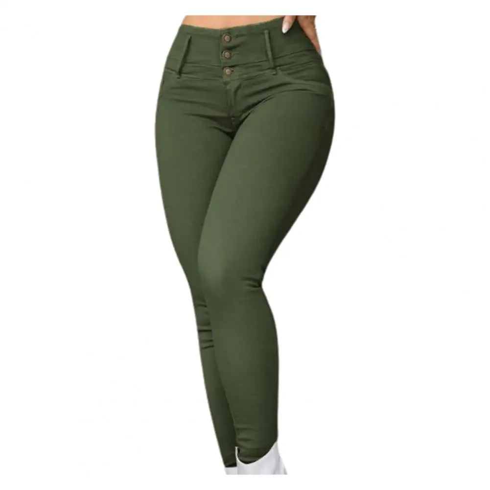 Skinny Women Pants High Waist Slim Stretchy Zipper Button Breathable Ankle Length Pencil Pants Lady Long Trousers