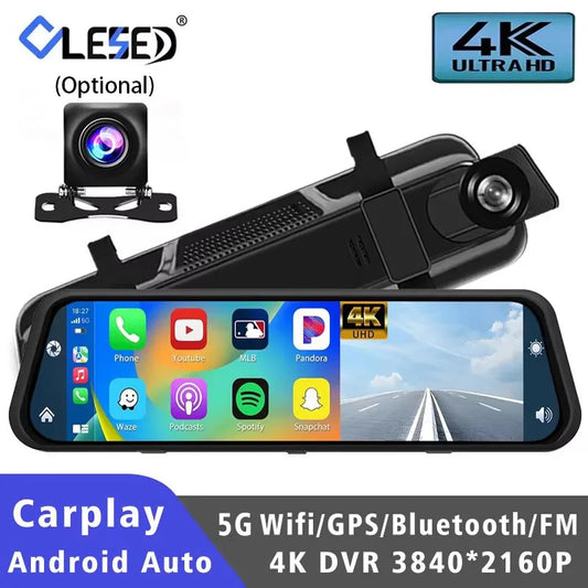 10 "Cam de tableau de bord 4K 3840*2160P voiture Dvr Carplay Android Auto GPS 5G WIFI AUX flux rétroviseur Dashcam caméra lecteur enregistreur FM