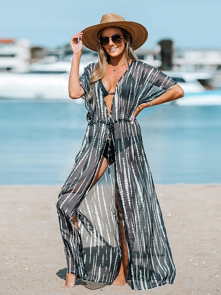 CUPSHE Leopard Print Maxi Length Kimono Bikini Cover Up For Women Short Sleeve Lace Up Long Beach Dress 2023 Summer Beachwear