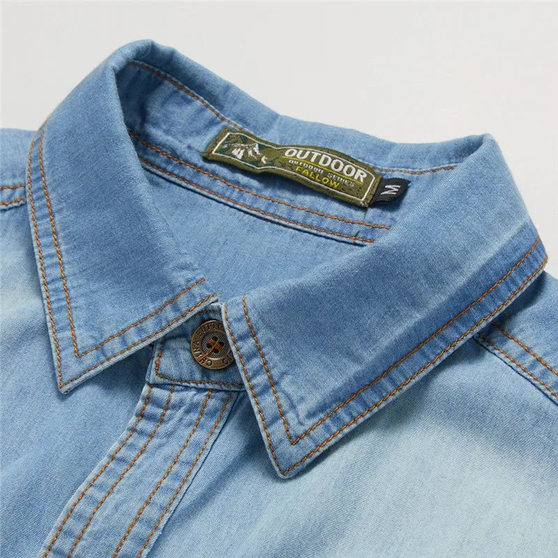 Men Denim Casual Slim Shirts Male Cotton Light Blue Multi-pocket Tooling Shirts Quality Man Large Long-sleeved Shirts Size 5XL