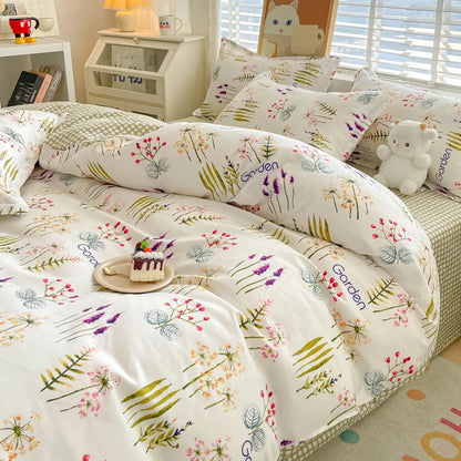 Cute Home Comforter Bedding Sets Washed Cotton Duvet Cover Flat Bed Sheet Set Twin Full Queen King Size Bed For Girls Couple