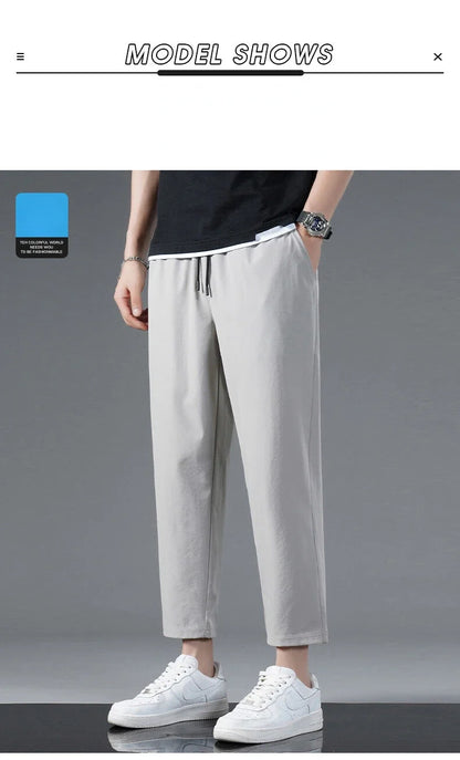 125KG Big Size Summer Ice Silk Crop Pants Men's Elastic Casual Edition Trendy Loose and Quick Drying Sports Large Crop Pants