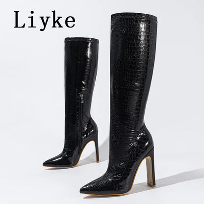 Liyke Autumn Winter Knee High Boots Women Black Snake Print Leather Pointed Toe Party Stripper High Heels Zip Long Shoes Female