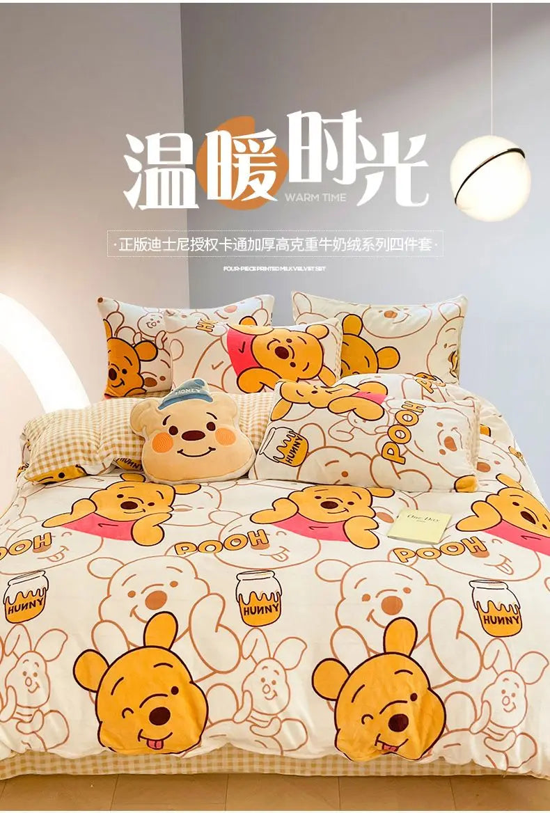 Buzz Lightyear Pooh Bear Stitch Lotso Mickey New Creative Cartoon Print Warm Milk Velvet Sheets and Quilt Covers Four-piece Set