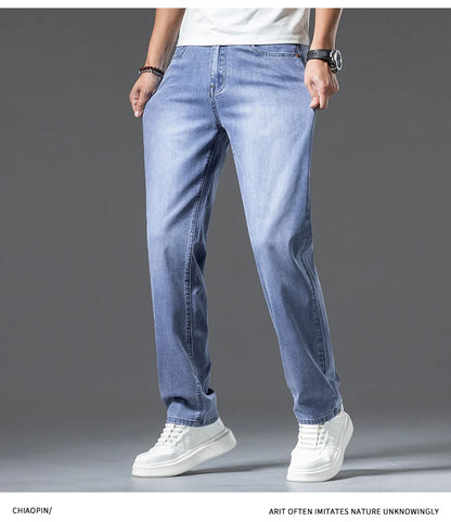 2024 spring and summer new styles Men's baggy jeans light blue Stylish thin lyocell stretch jeans