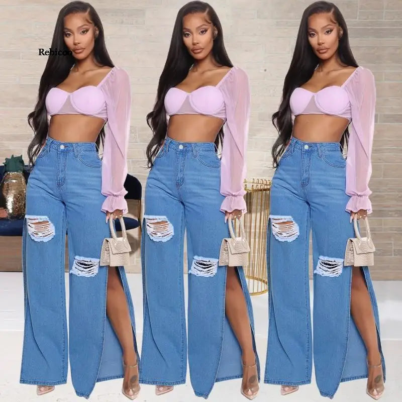 Blue Sexy Hole Jeans Women Stretch Split Wide Leg Denim Flare Long Pants Spring Autumn New High Street Ladies Fashion Club