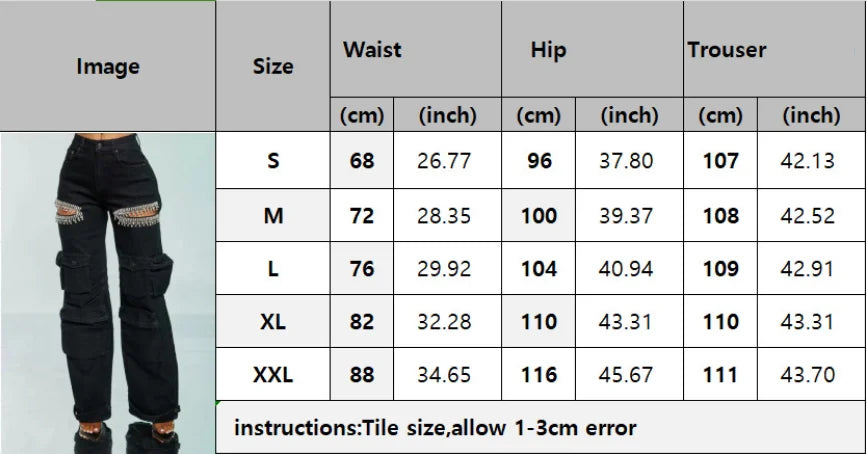 JHJN Washed Denim Retro Style Hollow Out Diamond Decoration Overalls Multiple Pockets Stretch Jeans For Women Luxury Brand