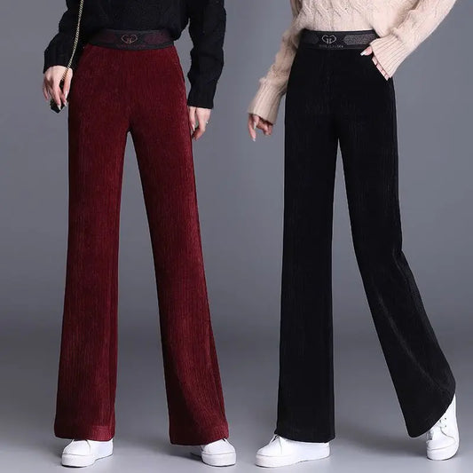 Korean New Women Corduroy Fleece Pants Autumn Winter Fashion Casual High Waist Solid Loose Thicken Vintage Straight Trousers