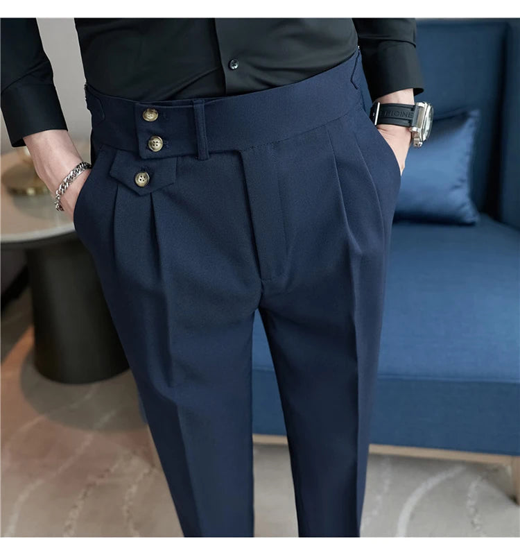 British Style Pants Men High Waist Belt Design Casual Slim Formal Office Dress Pant Men Social Wedding Party Dress Suit Trousers