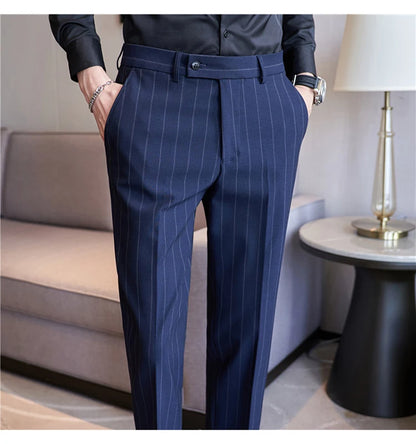 Men's Striped Suit Pants Elastic 2024 Autumn New Social Casual Trousers Slim Fit Suit Pants Business Office Wedding Men Clothing