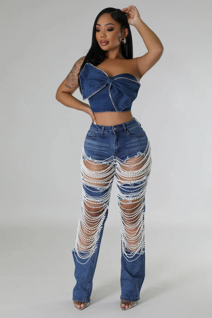 Spice Girl Summer Pants Ripped Heavy Industry Beaded Elastic Jeans Trousers Women JEANS