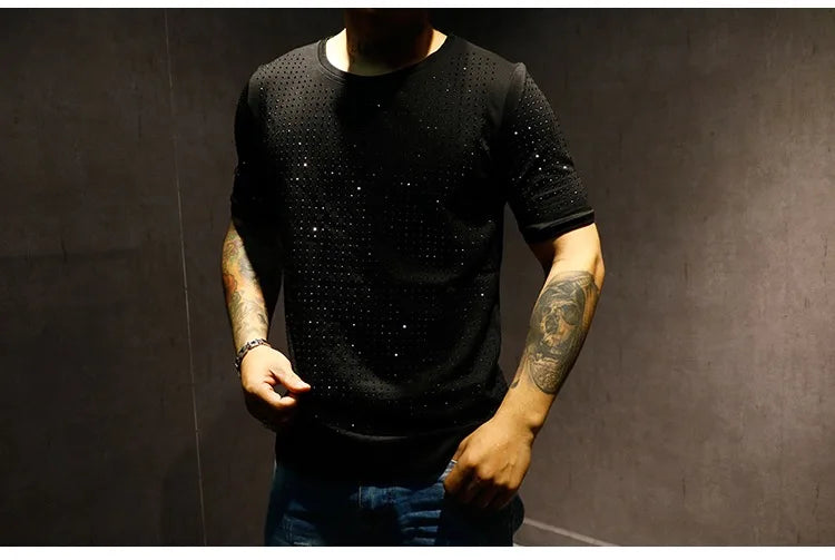 Summer High Quality New  Shiny Round Neck Pure Cotton Slim Heavy Industry Classic Full Diamond Short Sleeve T-Shirt Men