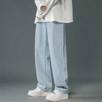 Korean Men's Casual Hip Hop Long Baggy Jeans Classic Man Straight Wide Leg Denim Pants Light Blue Grey Black Streetwear Trousers