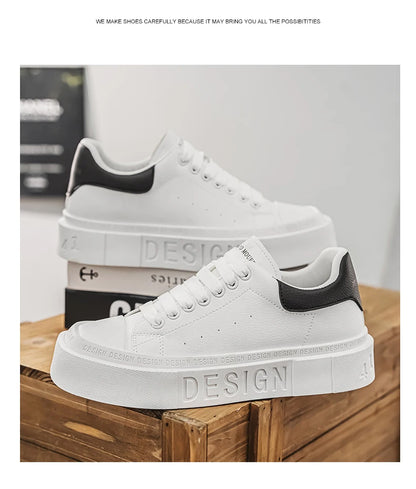 HKDQ Fashion Design White Sneakers Men Comfortable Leather Low-cut Platform Sneakers Men Trend Casual Lace-up Men's Skate Shoes