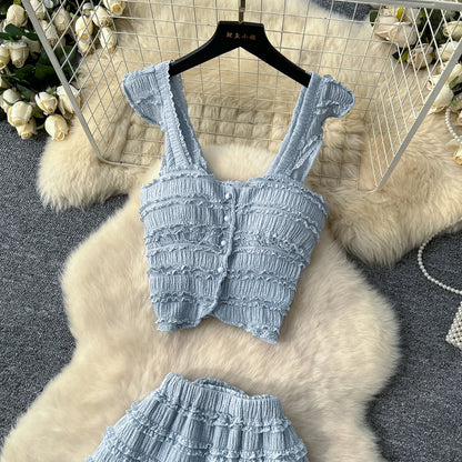 SINGREINY Casual Beach Style 2pcs Suits Single Breasted Mini Camisole+Elastic Waist A Line Fold Slim Skirt Gentle Women Sets