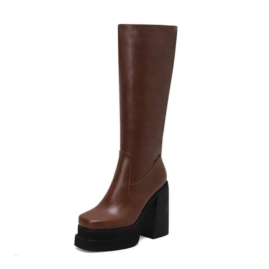 Solid Color Matte PU Waterproof Platform 14cm Thick Heel Knee High Boots Square Toe Side Zipper Winter Women's High Heels 35-43