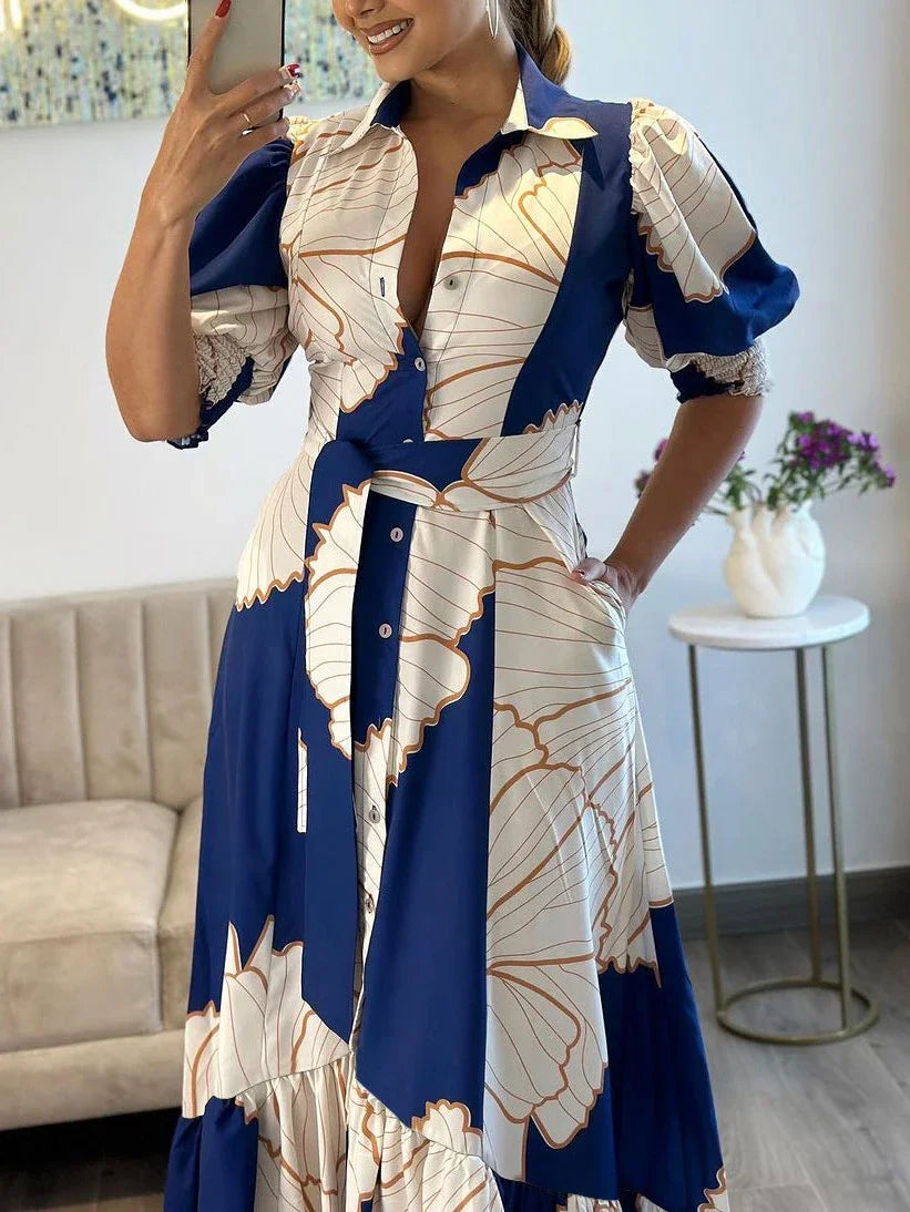 Women Floral Print Long Dress Summer Casual  Turn-down Collar Half Sleeve Loose Big Swing Dress Female Vintage  Beach Maxi Dress