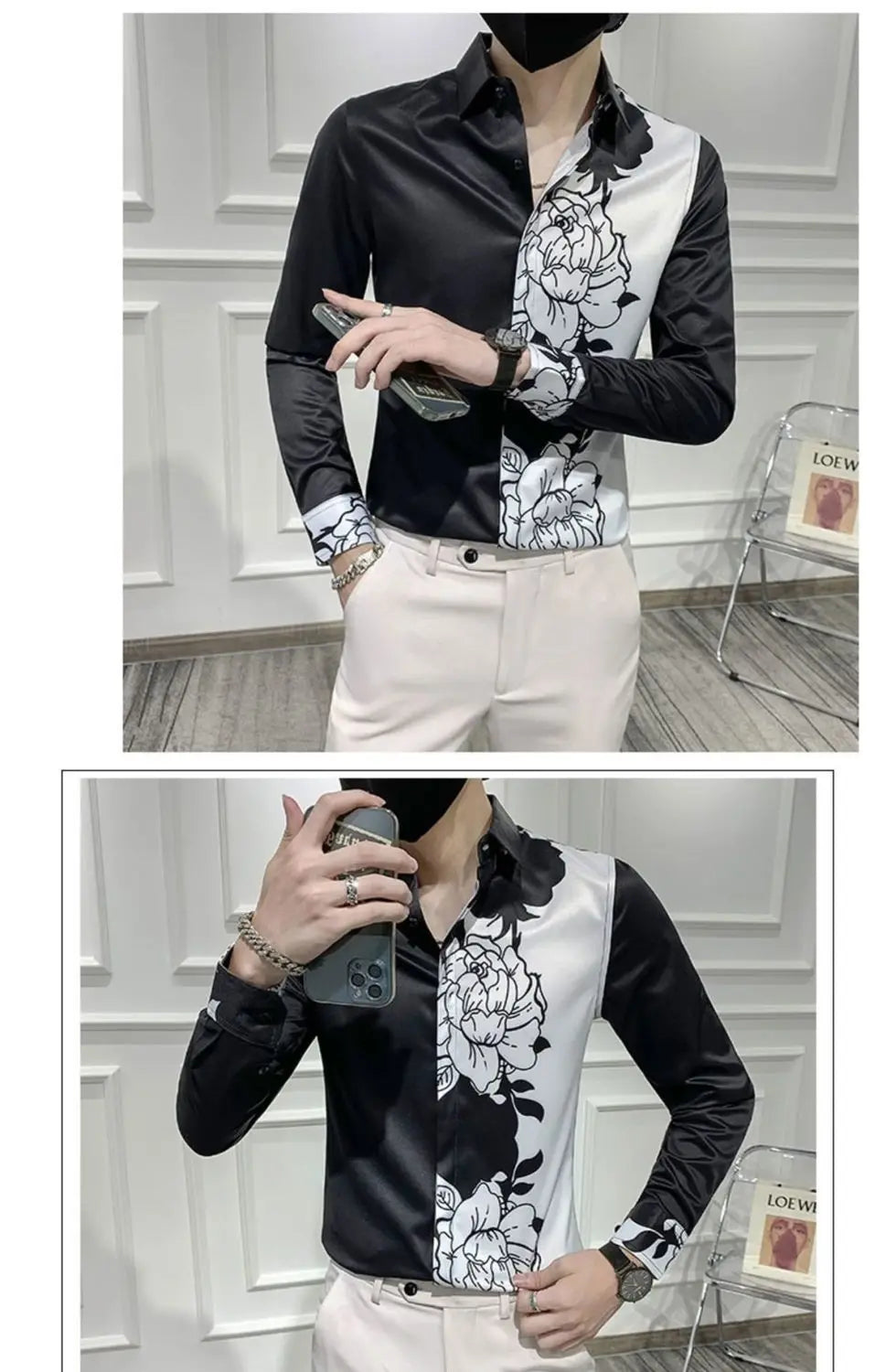 Spring Autumn New Blouse Men's Turn-down Collar Floral Printing Single Breasted Long Sleeve Shirt Fashion Casual Men's Clothing