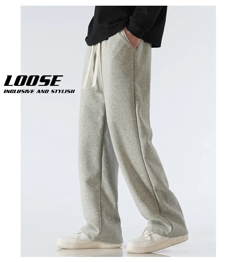 Men's Pants Wide Leg Cotton Fabric Straight Loose Outdoor Solid Color Knitted Sweatpants High-quality Soft Long Baggy Trousers