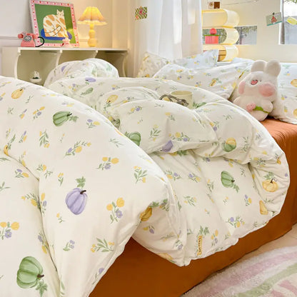 Fresh Botanical Floral Bedding Set Washed Cotton Bed Linens Single Twin Full Size Quilt Cover Sheet Set for Girls Home Textiles