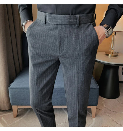 British Style Striped Slim Fit Suit Pant Men Business Casual Simple Dress Pants High Quality Social Wedding Party Trousers 38-28