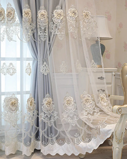 1PC High-precision Luxury Embroidered Fabric and Gauze Integrated Curtains