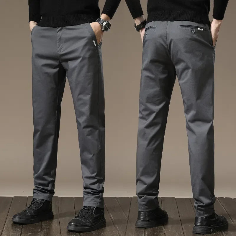 Autumn New Pure Cotton Casual Pants for Men Black Khaki Gray Business Slim Straight Elastic Fashion Casual Long Pants Male