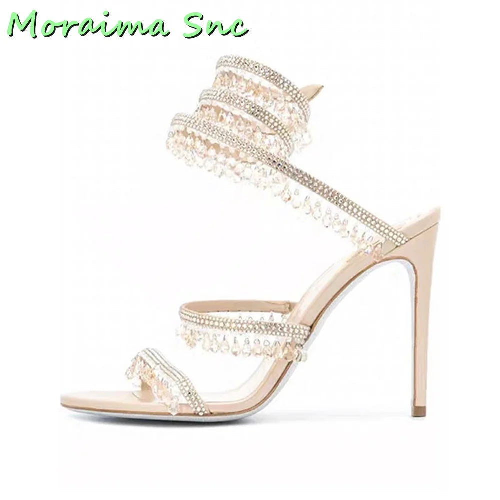 Sexy Luxury Crystal Bling Winding Sandals Stiletto High Heel Open Toe Green Solid Women Wedding Shoes Summer Dress Runway New