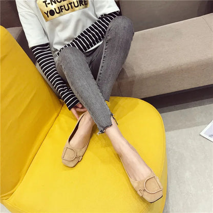 Flat Shoes for Women Spring 2023 New Suede Square Toe Shallow Cut Flat Bottomed Lefu Soft Bean Shoes Ladies big size 44 45 46