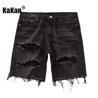 Kakan - New Summer Distressed Denim Shorts for Men, Korean Youth Popular Slim Fitting Small Leg Quarter Pants Jeans K58-DK322