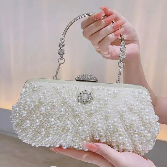 Beading Women Evening Bags Embroidery Shell Flower Diamonds Prom Clutch With Handle Pearl Handbags