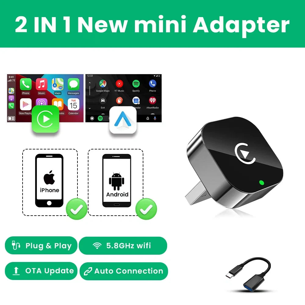 Dongle CarPlay sans fil 2 en 1 et adaptateur sans fil Android Auto, WiFi 5Ghz type-c/USB Plug Play, mise à jour OTA CarPlay sans fil, 2026