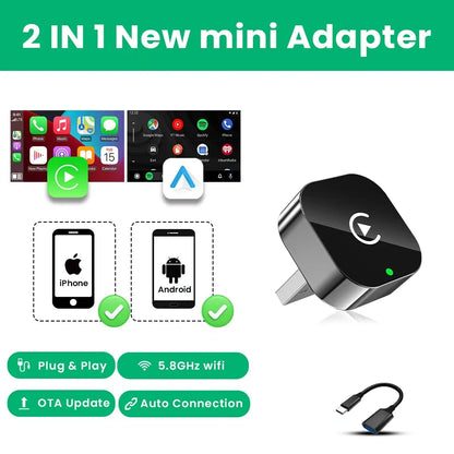 Dongle CarPlay sans fil 2 en 1 et adaptateur sans fil Android Auto, WiFi 5Ghz type-c/USB Plug Play, mise à jour OTA CarPlay sans fil, 2026