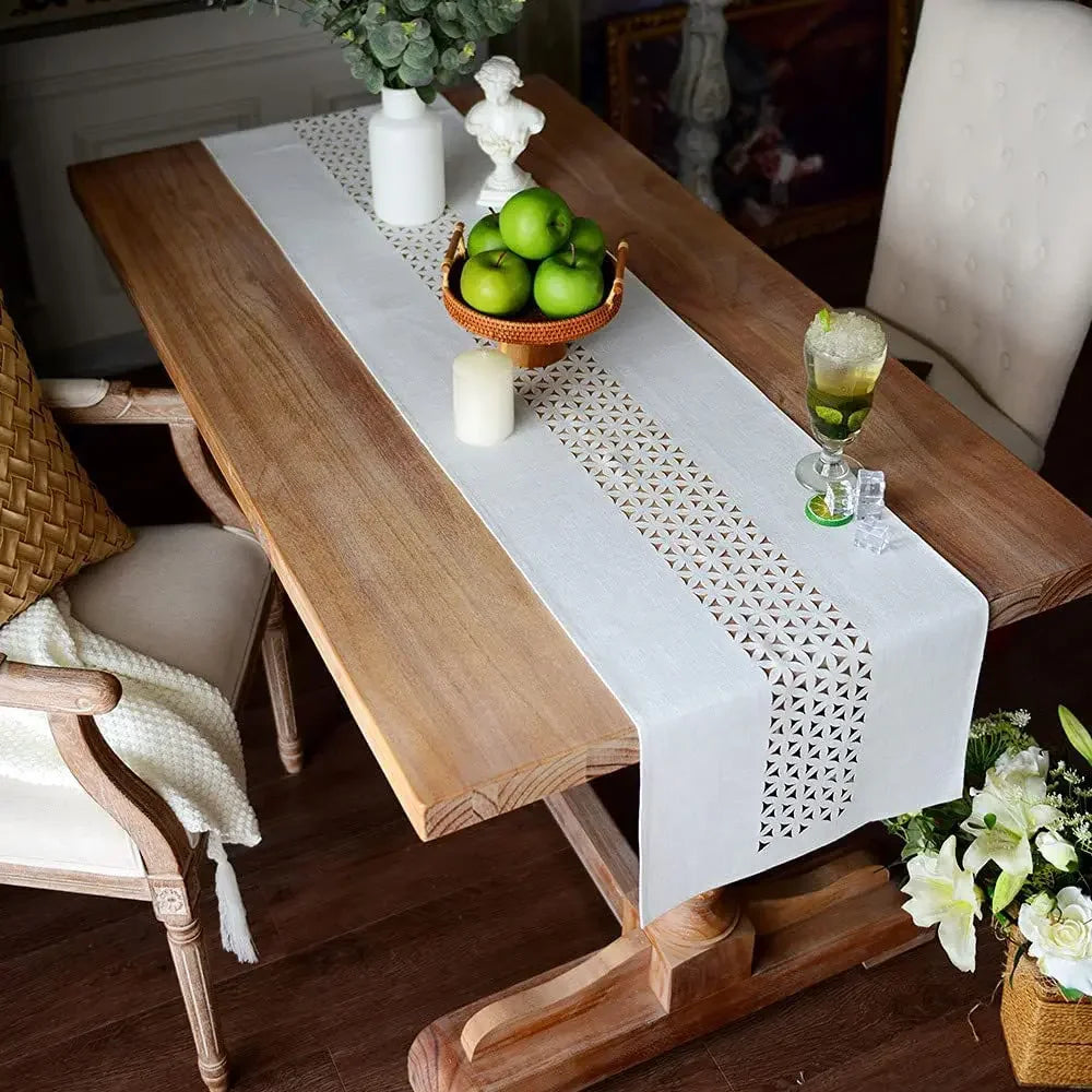 Gray Hollow Table Runner Rectangle Double Solid Fabric Farmhouse Flat Perforation Home Table Runners for Dining Holiday 13 x72In