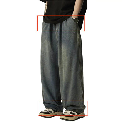 1Pc Trendy Oversize Jeans Zipper Fly/Drawstring Dressing Up Brushed Pants Thin Baggy Jeans Retro Wide Leg Man Pants Men Clothing