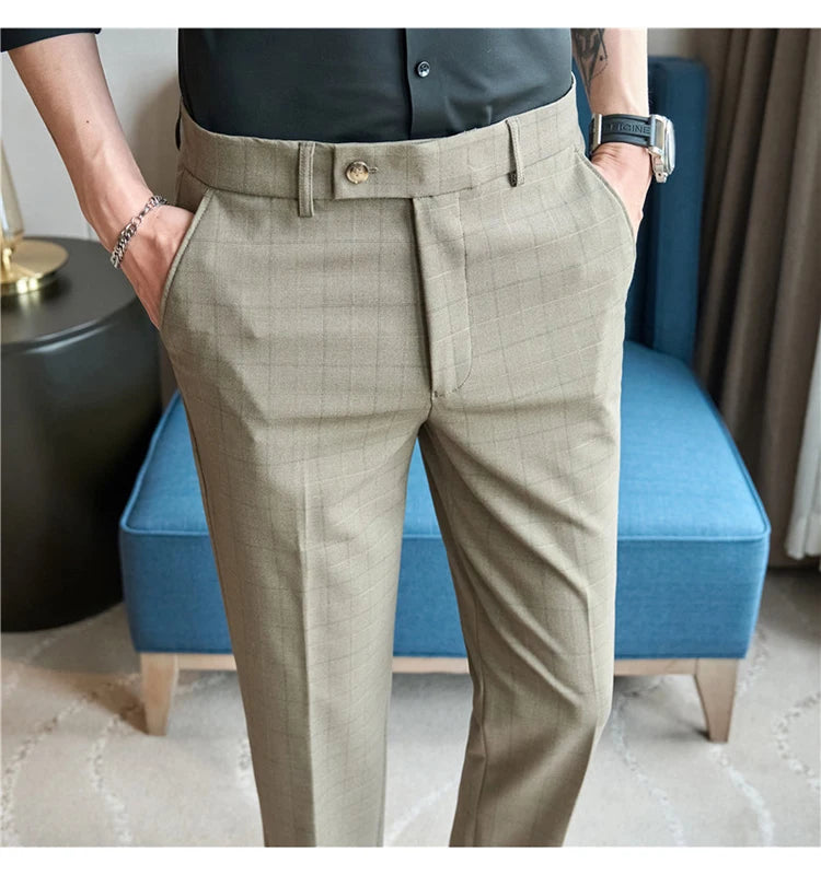 Men Plaid Suit Pants 2024 Autumn Item Solid Casual Dress Pants Elastic Slim Fit Formal Trousers Men Clothing pantalones hombre