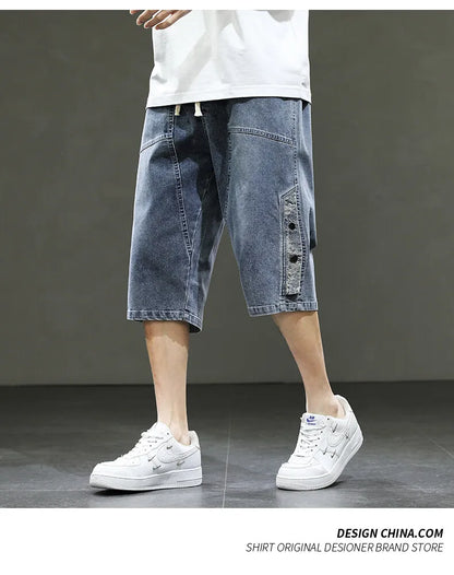 Big Size Denim Shorts Men Summer Streetwear Fashion Male Jean Shorts Y2k Baggy Plus Size 3/4 Long Black Wide Leg Korean Style